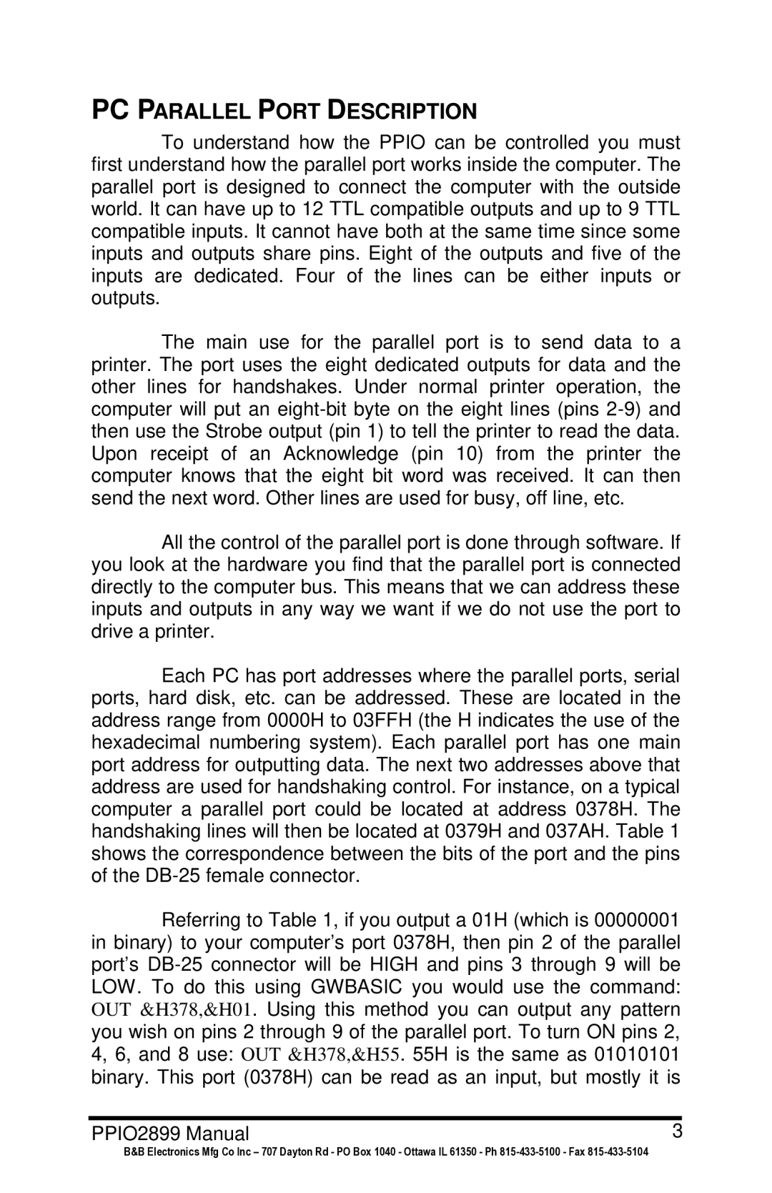 B&B Electronics PPIO manual PC Parallel Port Description 