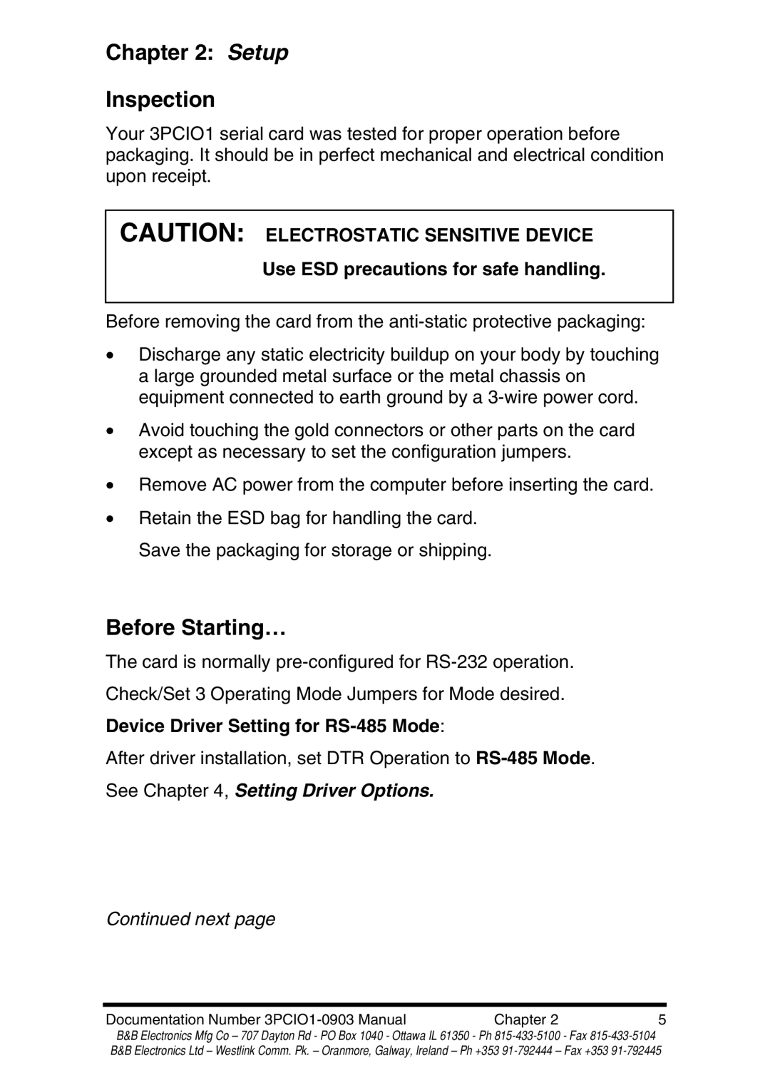 B&B Electronics RS-422 manual Setup Inspection, Before Starting…, Device Driver Setting for RS-485 Mode 