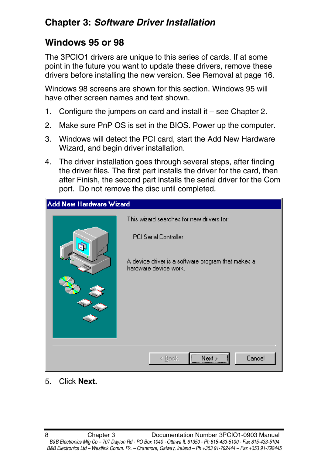 B&B Electronics RS-422 manual Software Driver Installation, Windows 95 or 