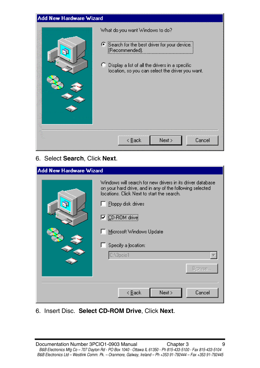 B&B Electronics RS-422 manual Insert Disc. Select CD-ROM Drive, Click Next 