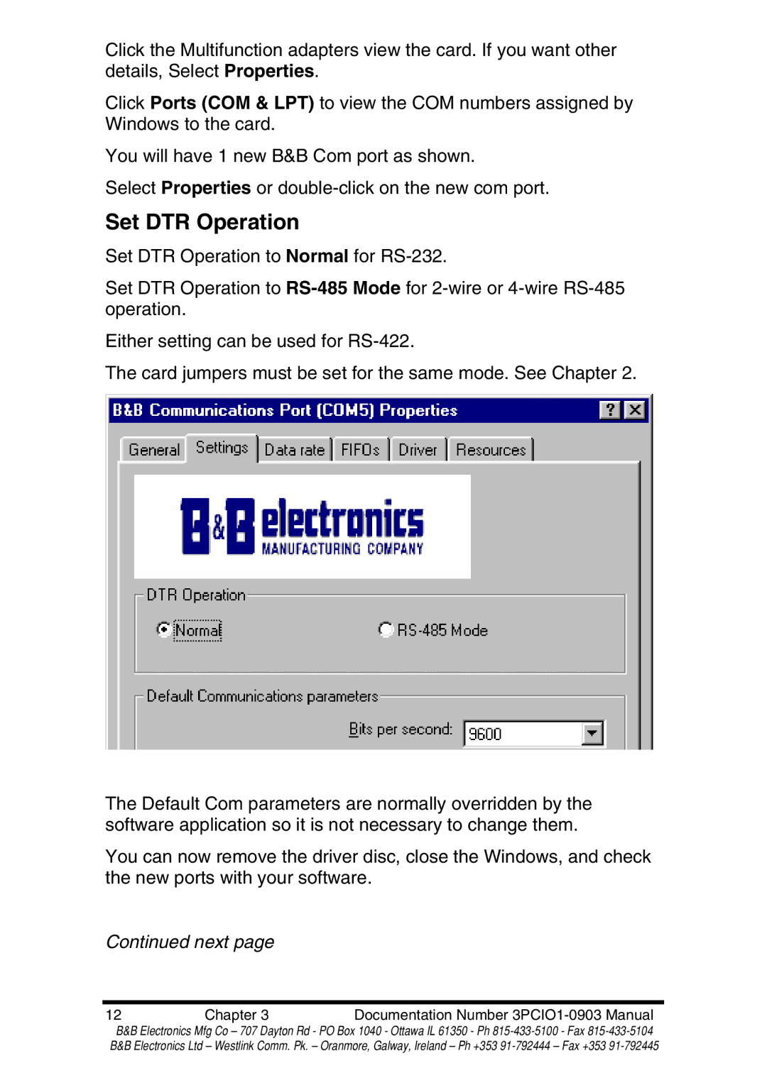 B&B Electronics RS-422 manual Set DTR Operation 