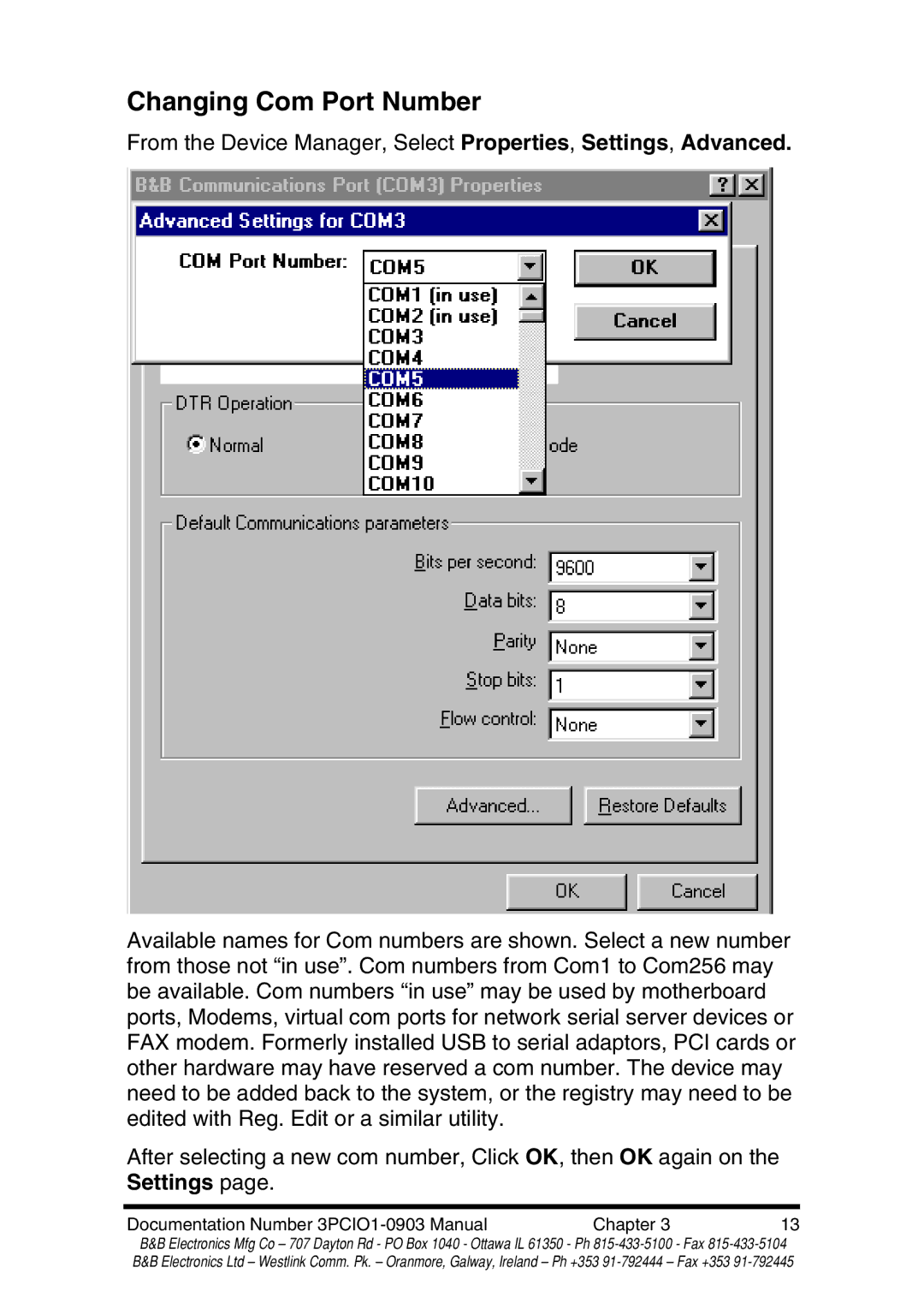B&B Electronics RS-422 manual Changing Com Port Number 