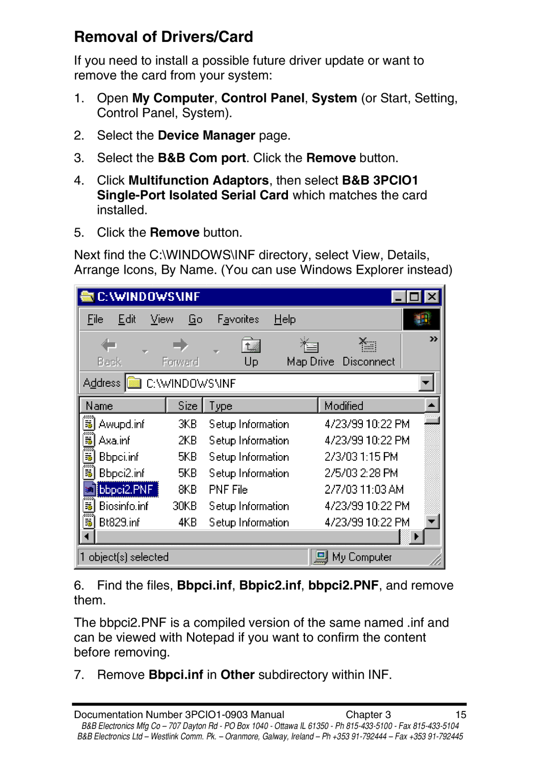 B&B Electronics RS-422 manual Removal of Drivers/Card 