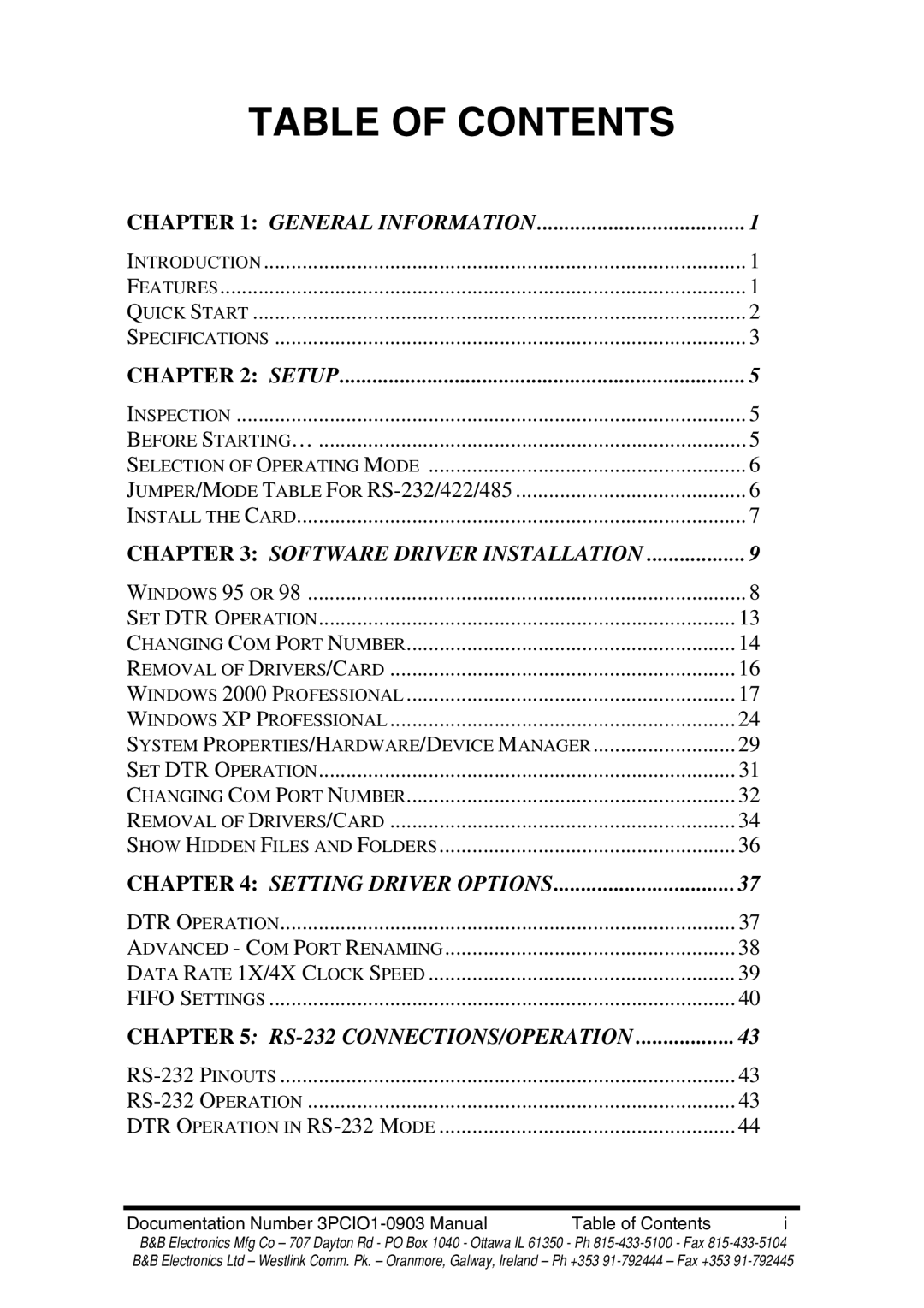 B&B Electronics RS-422 manual Table of Contents 