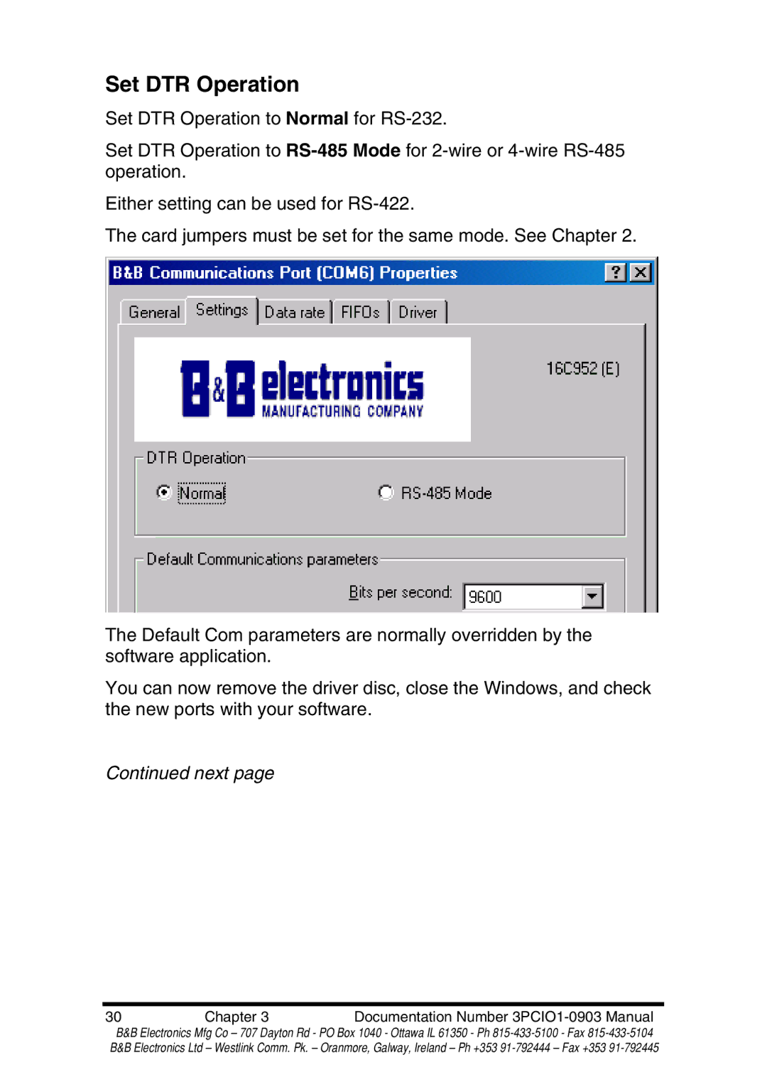 B&B Electronics RS-422 manual Set DTR Operation 