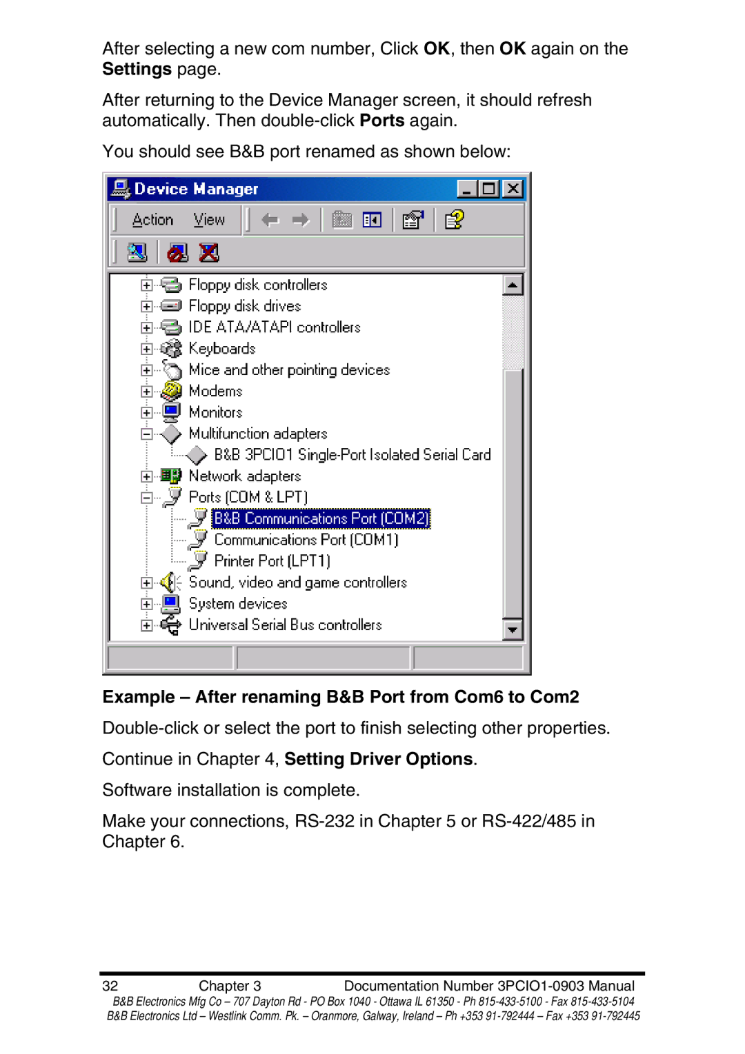 B&B Electronics RS-422 manual Example After renaming B&B Port from Com6 to Com2 