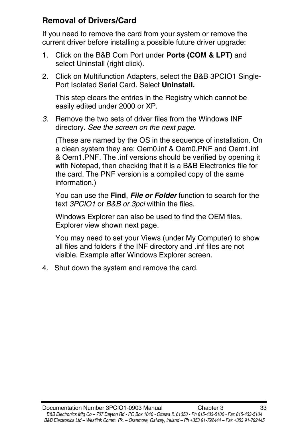 B&B Electronics RS-422 manual Removal of Drivers/Card 