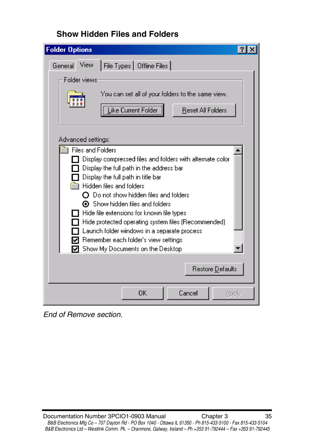 B&B Electronics RS-422 manual Show Hidden Files and Folders 