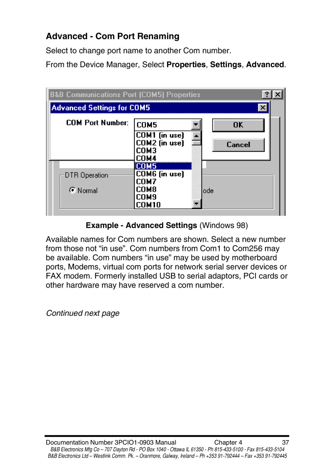 B&B Electronics RS-422 manual Advanced Com Port Renaming, Example Advanced Settings Windows 