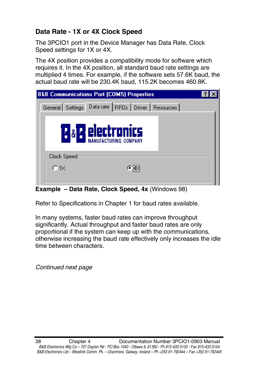 B&B Electronics RS-422 manual Data Rate 1X or 4X Clock Speed, Example Data Rate, Clock Speed, 4x Windows 