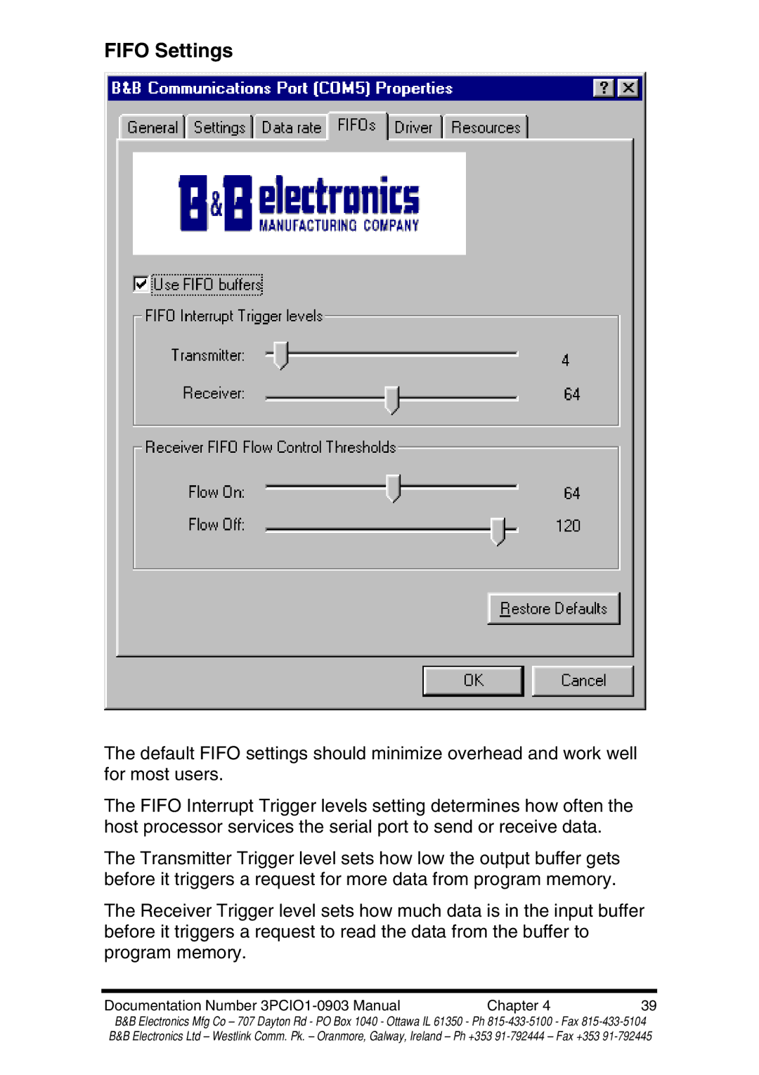 B&B Electronics RS-422 manual Fifo Settings 