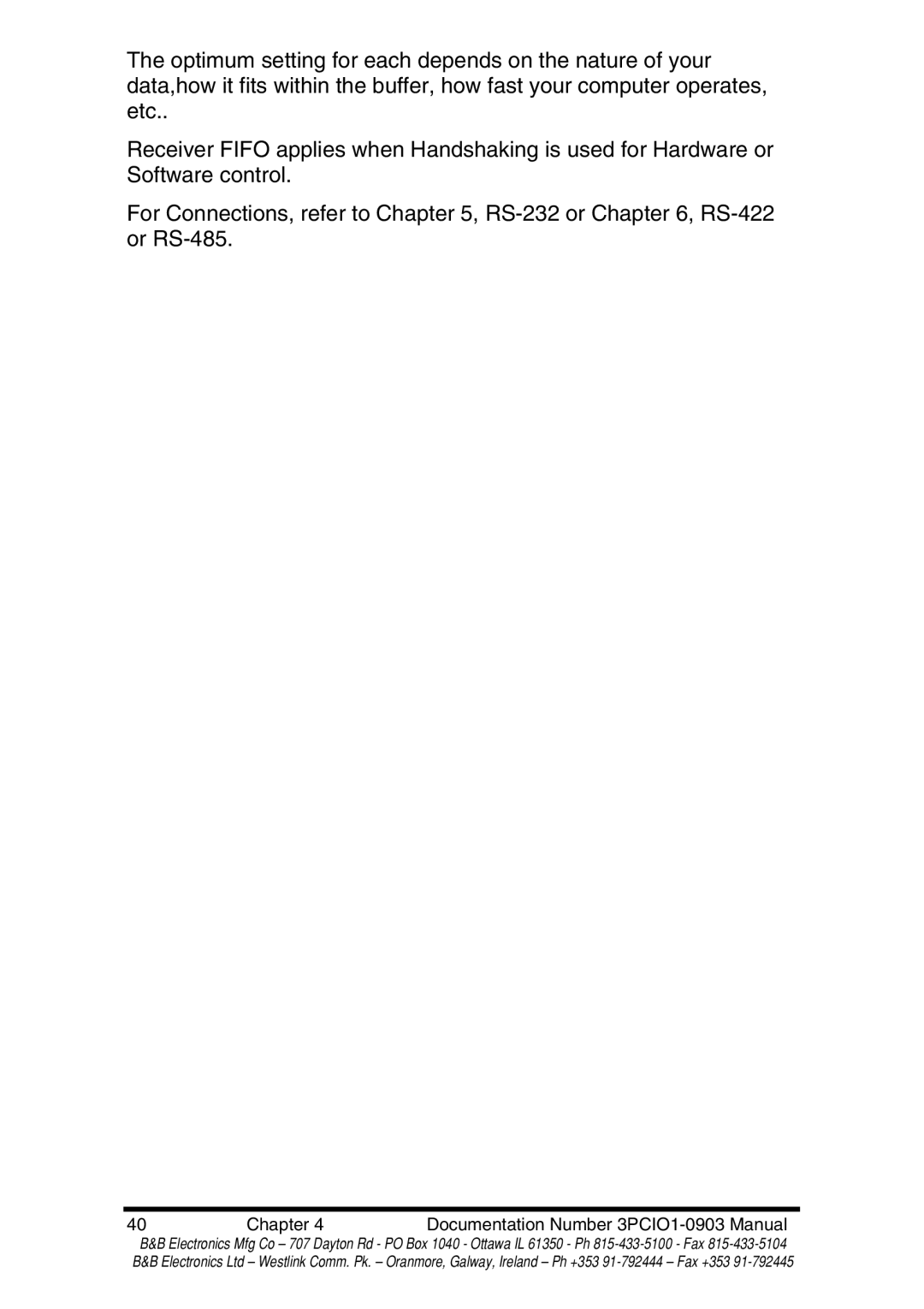 B&B Electronics RS-422 manual Chapter Documentation Number 3PCIO1-0903 Manual 