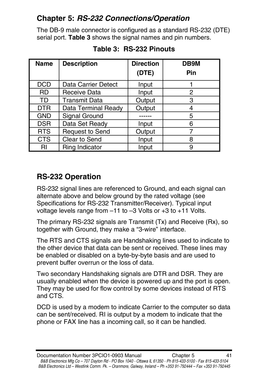 B&B Electronics RS-422 manual RS-232 Connections/Operation, RS-232 Operation, RS-232 Pinouts, Name Description Direction 