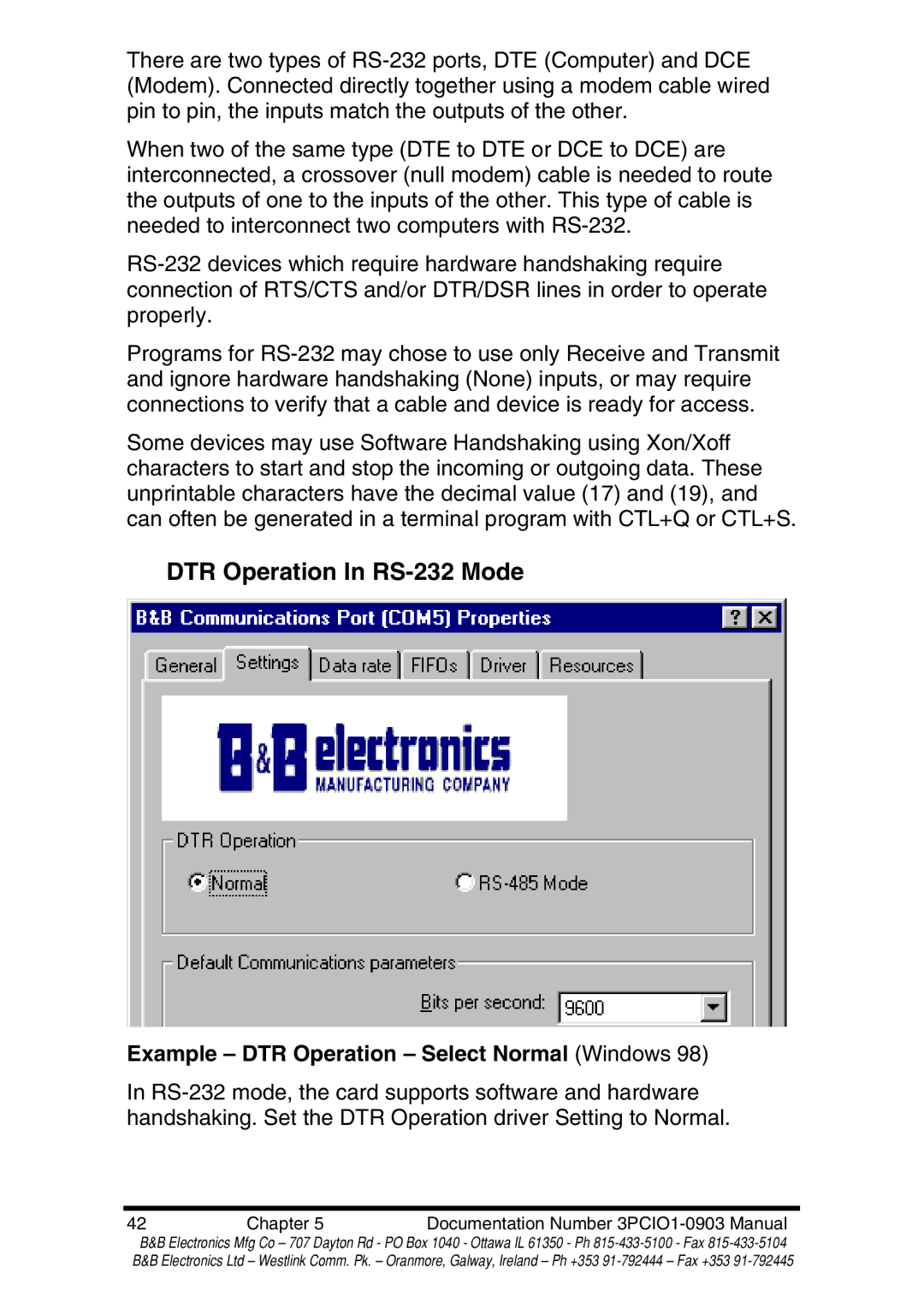 B&B Electronics RS-422 manual DTR Operation In RS-232 Mode, Example DTR Operation Select Normal Windows 