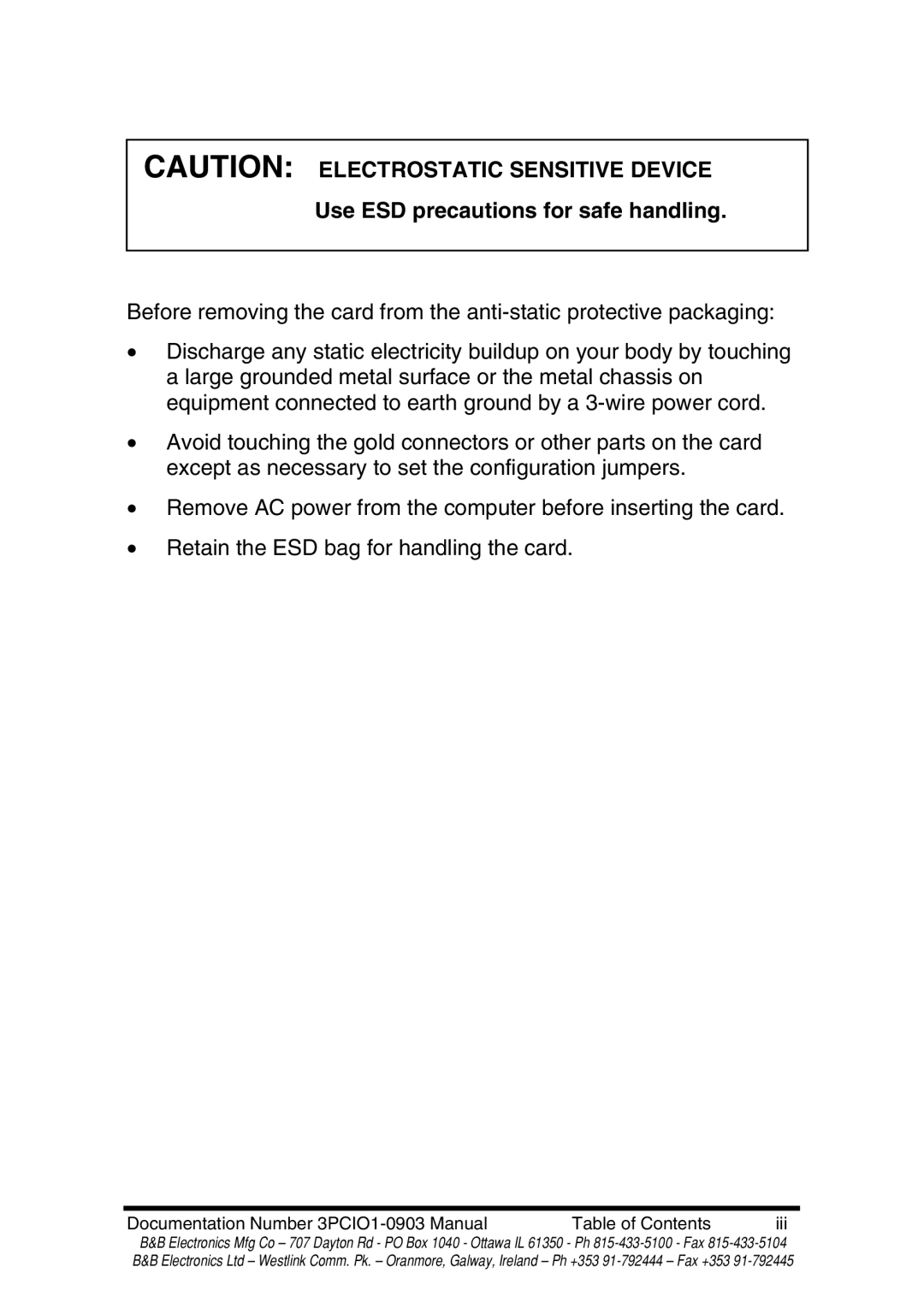 B&B Electronics RS-422 manual Use ESD precautions for safe handling 