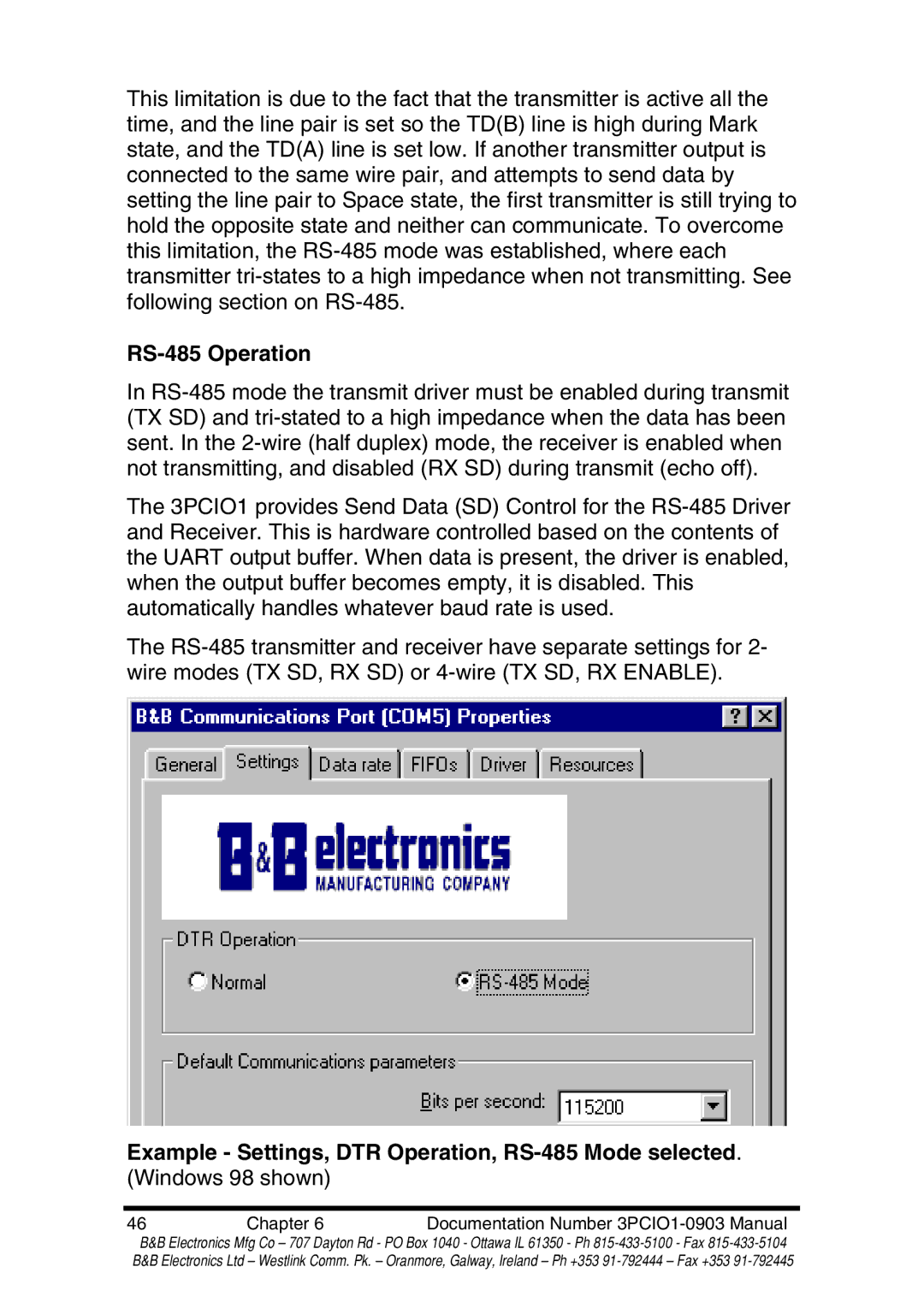 B&B Electronics RS-422 manual RS-485 Operation, Example Settings, DTR Operation, RS-485 Mode selected 