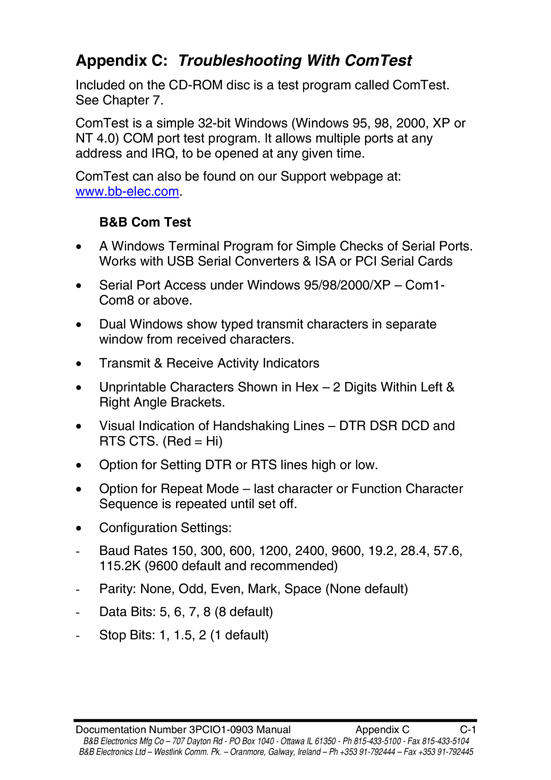 B&B Electronics RS-422 manual Appendix C Troubleshooting With ComTest, Com Test 