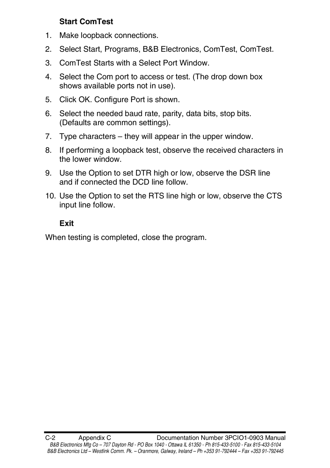 B&B Electronics RS-422 manual Start ComTest, Exit 