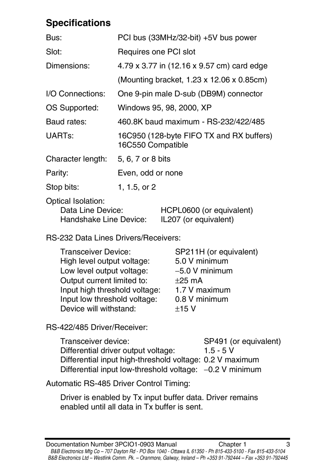 B&B Electronics RS-422 manual Specifications 