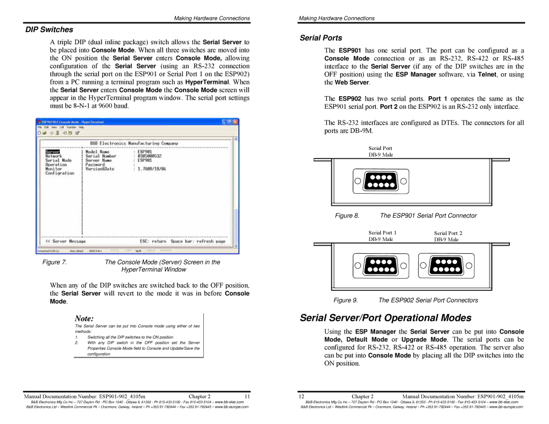 B&B Electronics RS-232, RS-485, RS-422 manual Serial Server/Port Operational Modes, DIP Switches, Serial Ports 