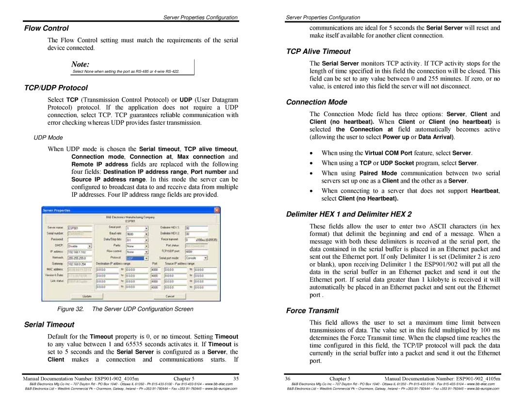 B&B Electronics RS-232 Flow Control, TCP/UDP Protocol, Serial Timeout, TCP Alive Timeout, Connection Mode, Force Transmit 