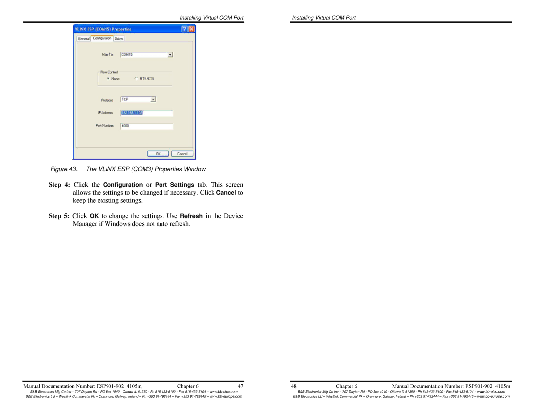 B&B Electronics RS-485, RS-422, RS-232, Multi-Interface Ethernet Serial Servers manual Vlinx ESP COM3 Properties Window 