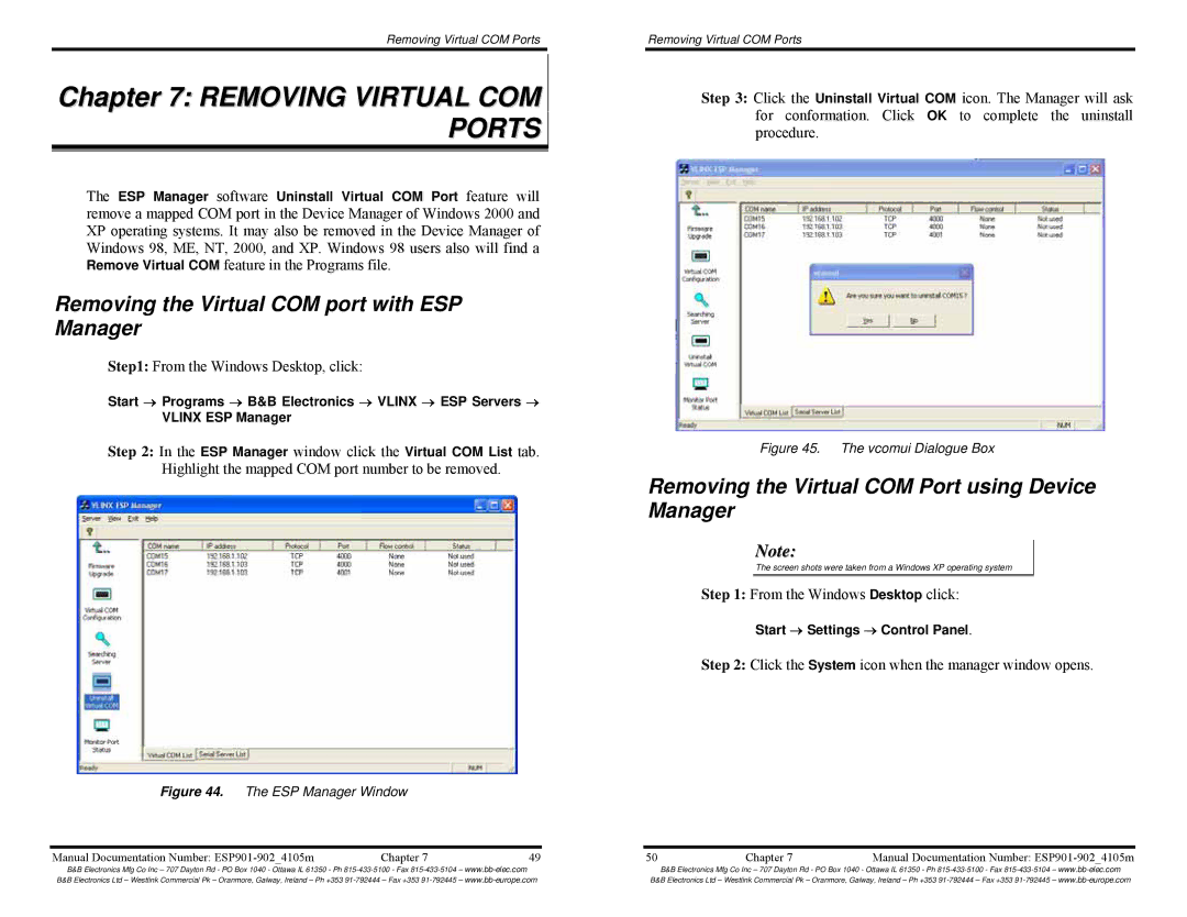 B&B Electronics RS-422, RS-485, RS-232 manual Removing Virtual COM Ports, Removing the Virtual COM port with ESP Manager 