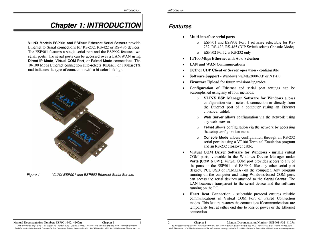 B&B Electronics RS-422, RS-485, RS-232, Multi-Interface Ethernet Serial Servers manual Introduction, Features 