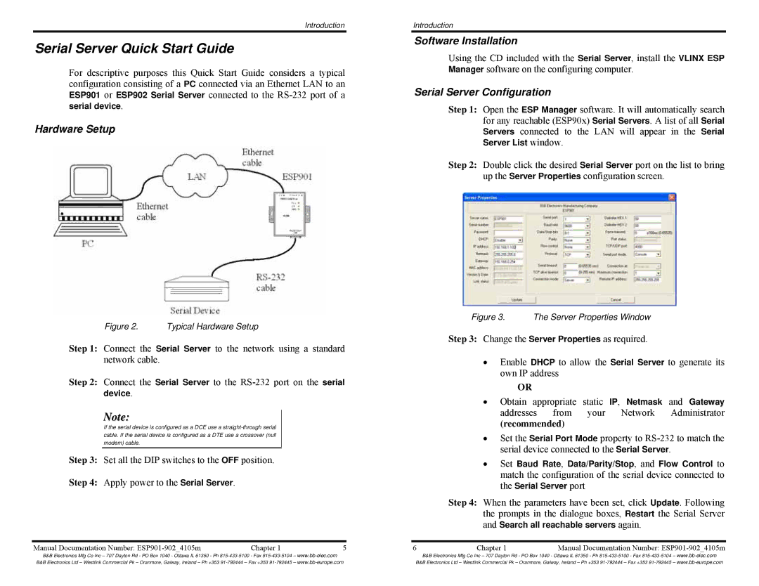 B&B Electronics Multi-Interface Ethernet Serial Servers, RS-485, RS-422 Serial Server Quick Start Guide, Hardware Setup 