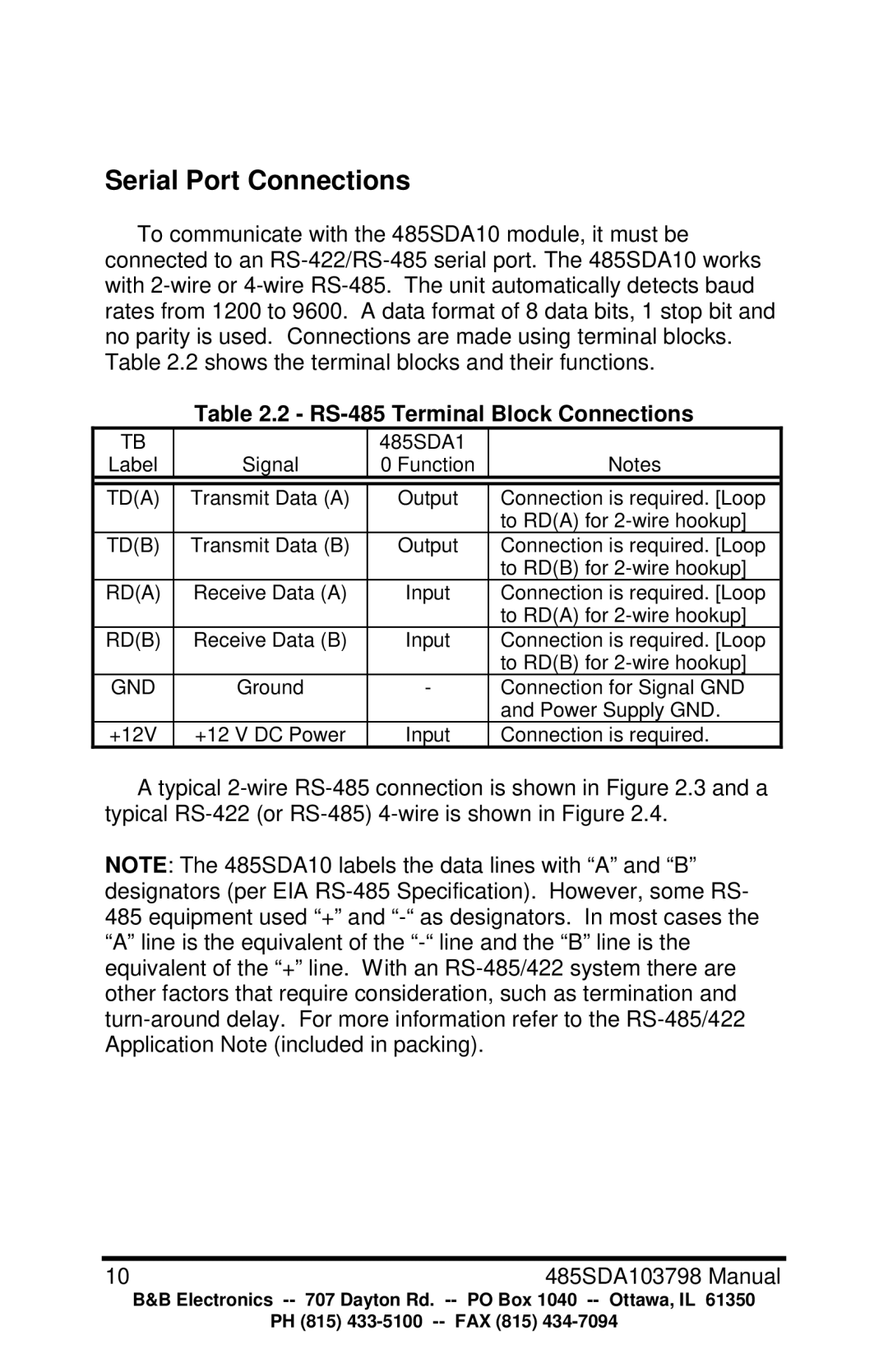 B&B Electronics manual Serial Port Connections, RS-485 Terminal Block Connections 