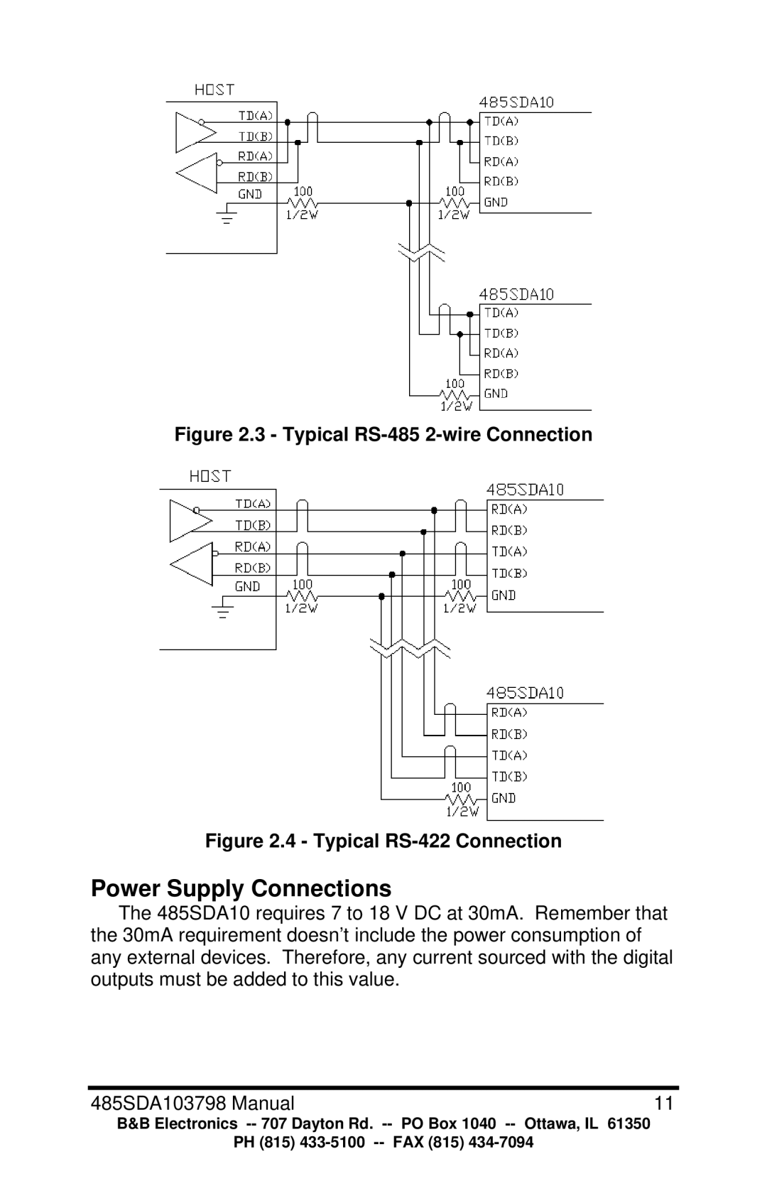 B&B Electronics manual Power Supply Connections, Typical RS-485 2-wire Connection 