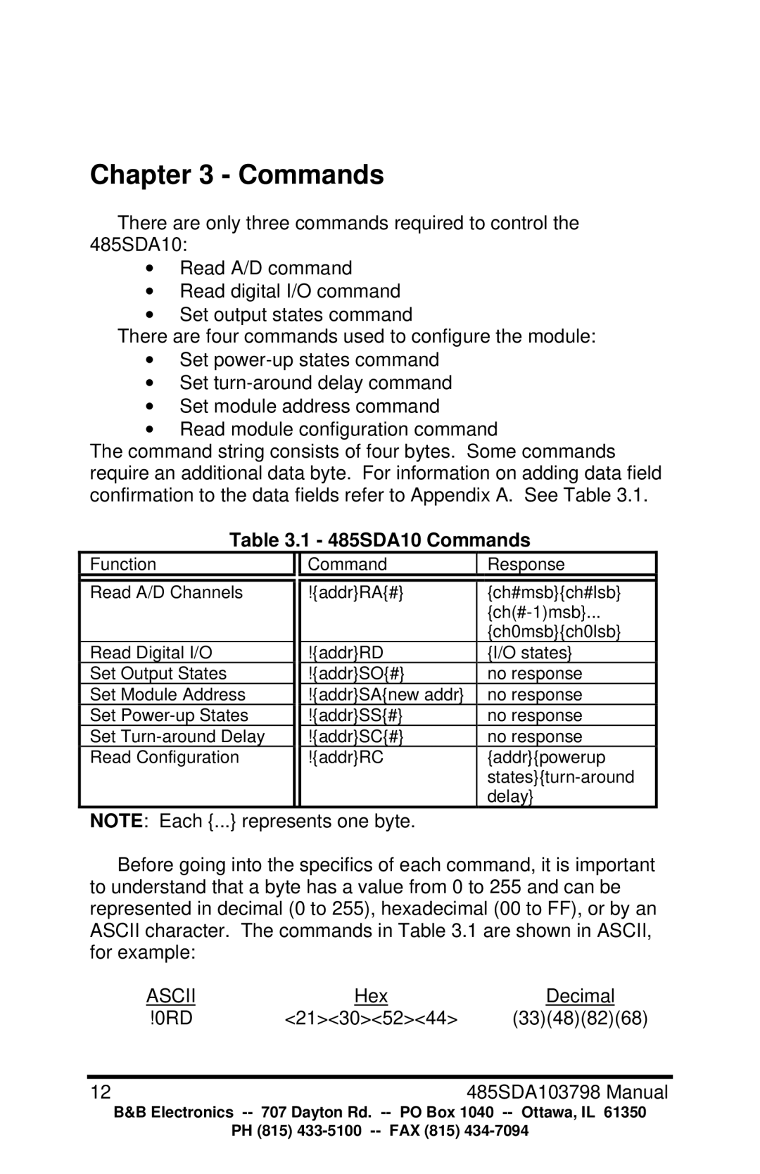 B&B Electronics RS-485 manual 485SDA10 Commands 