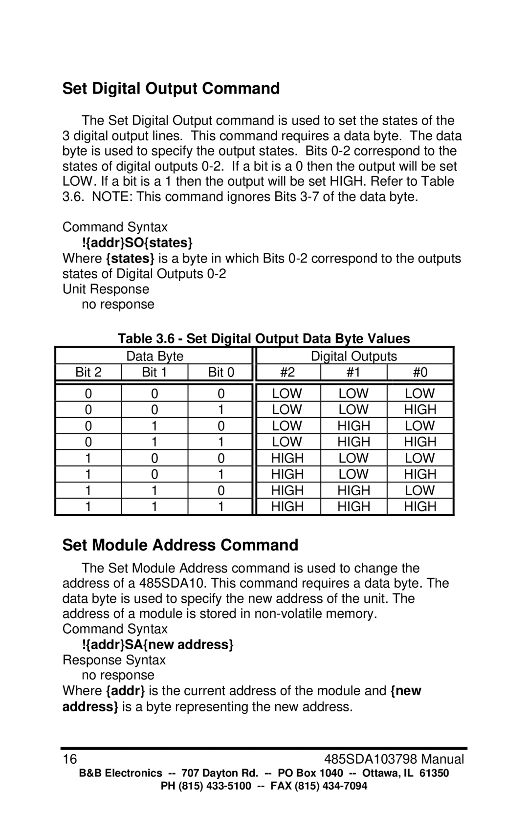 B&B Electronics RS-485 manual Set Digital Output Command, Set Module Address Command, AddrSOstates 