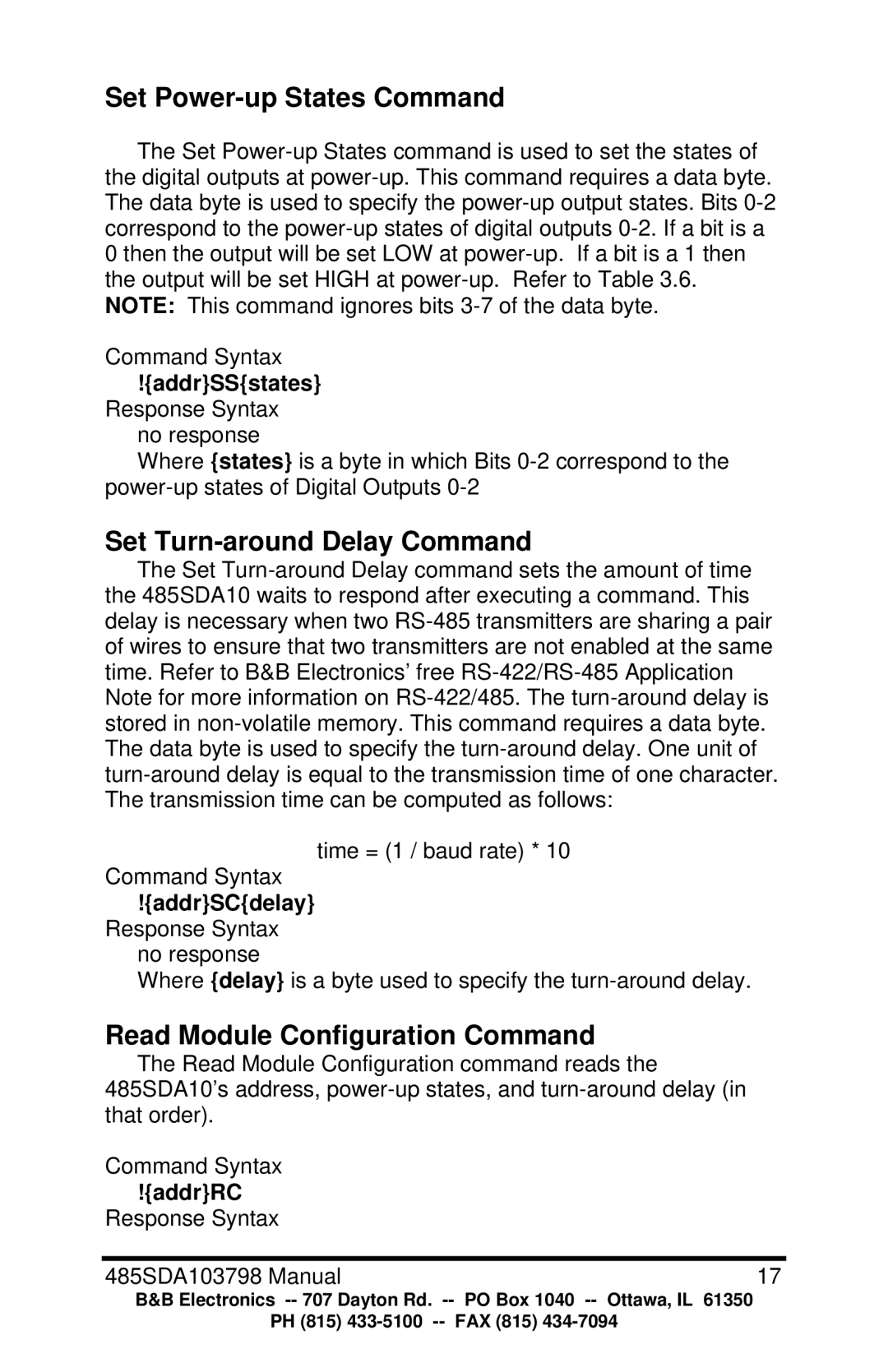 B&B Electronics RS-485 manual Set Power-up States Command, Set Turn-around Delay Command, Read Module Configuration Command 