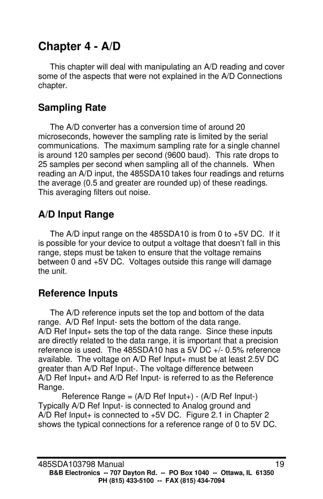 B&B Electronics RS-485 manual Sampling Rate, Input Range, Reference Inputs 