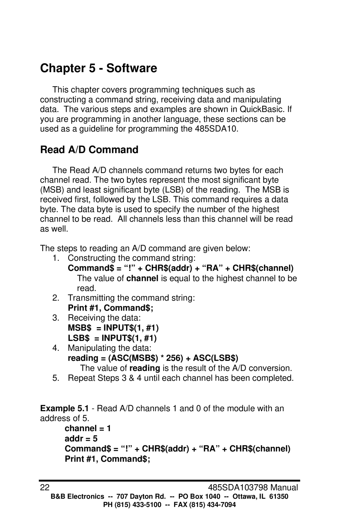 B&B Electronics RS-485 manual Read A/D Command, Command$ = ! + CHR$addr + RA + CHR$channel, Print #1, Command$ 