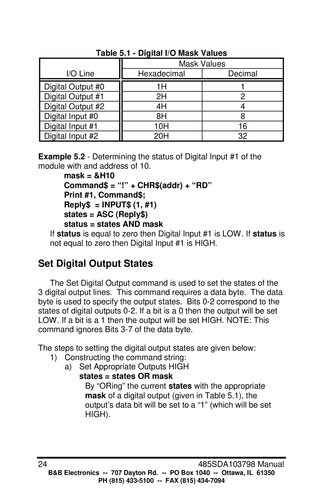 B&B Electronics RS-485 manual Set Digital Output States, Digital I/O Mask Values 