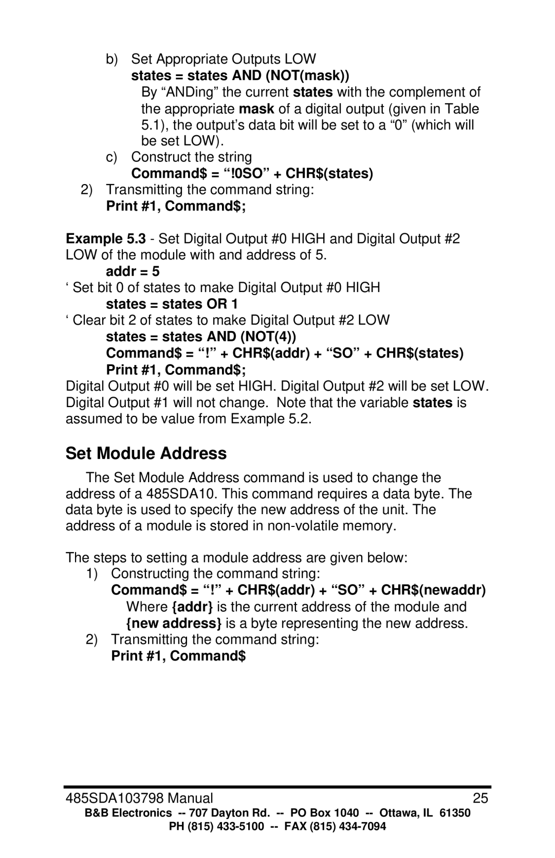 B&B Electronics RS-485 manual Set Module Address, Command$ = !0SO + CHR$states, Addr = 