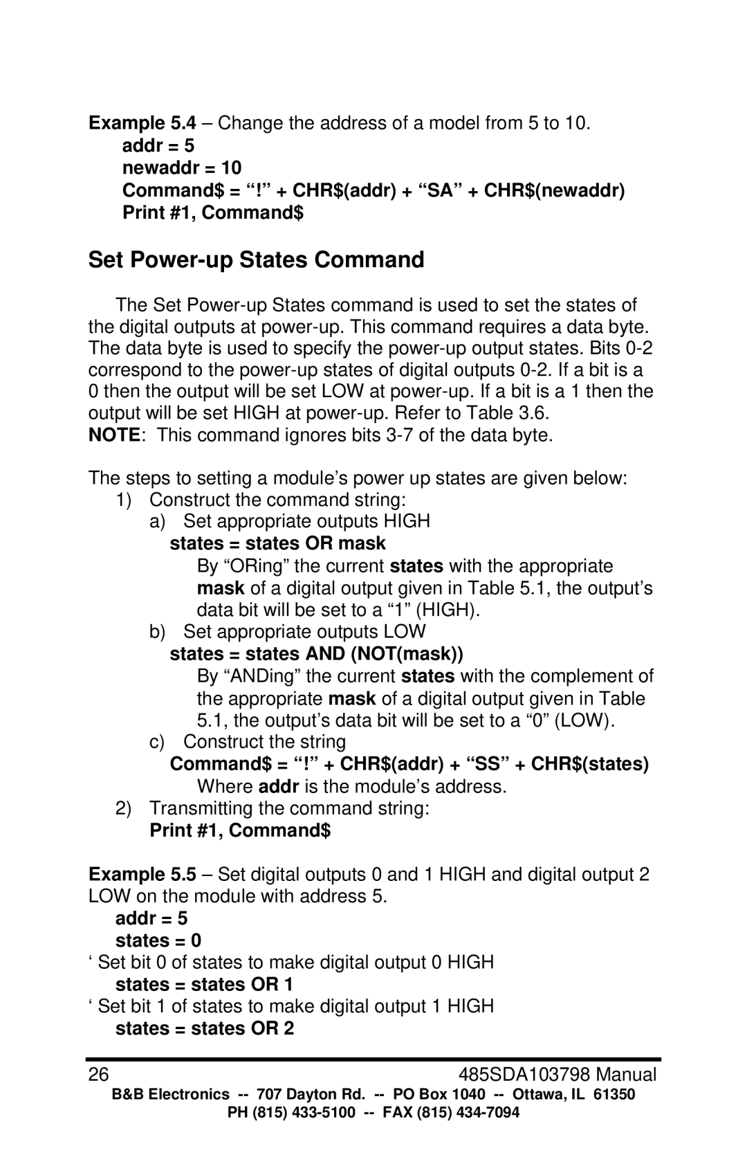 B&B Electronics RS-485 manual States = states and NOTmask, Addr = 5 states = 