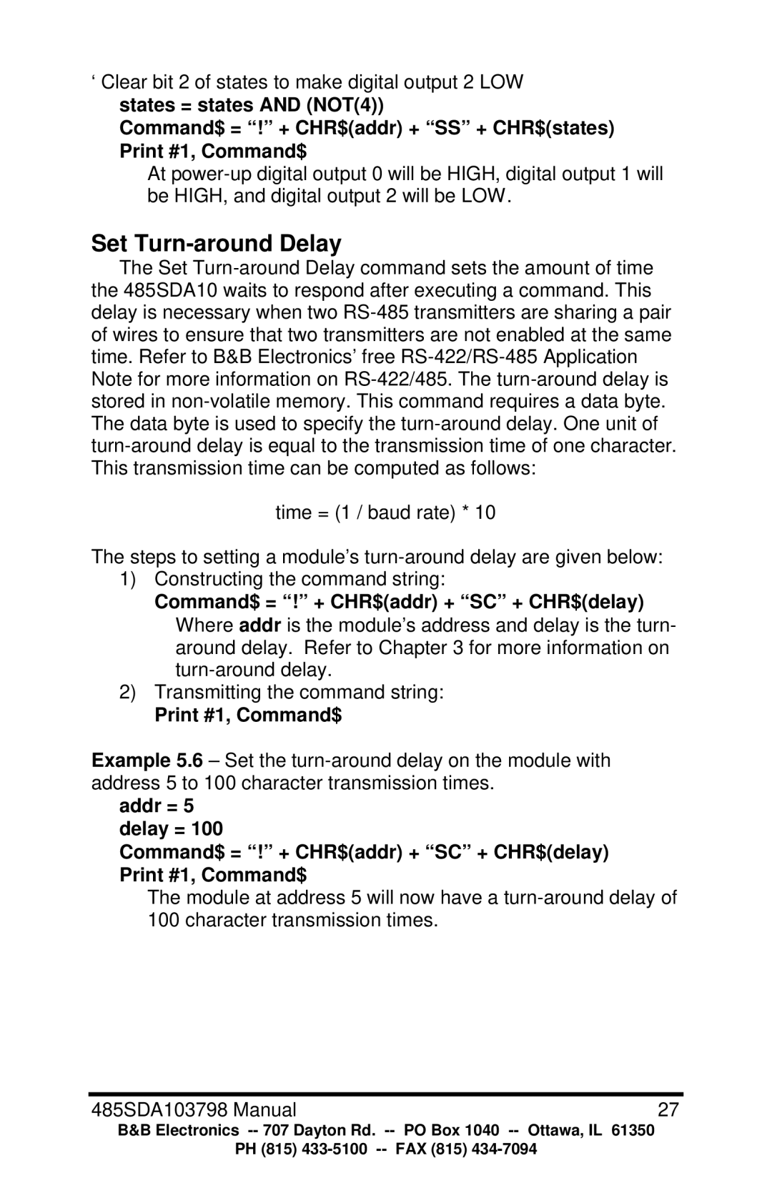 B&B Electronics RS-485 manual Set Turn-around Delay, Command$ = ! + CHR$addr + SC + CHR$delay 