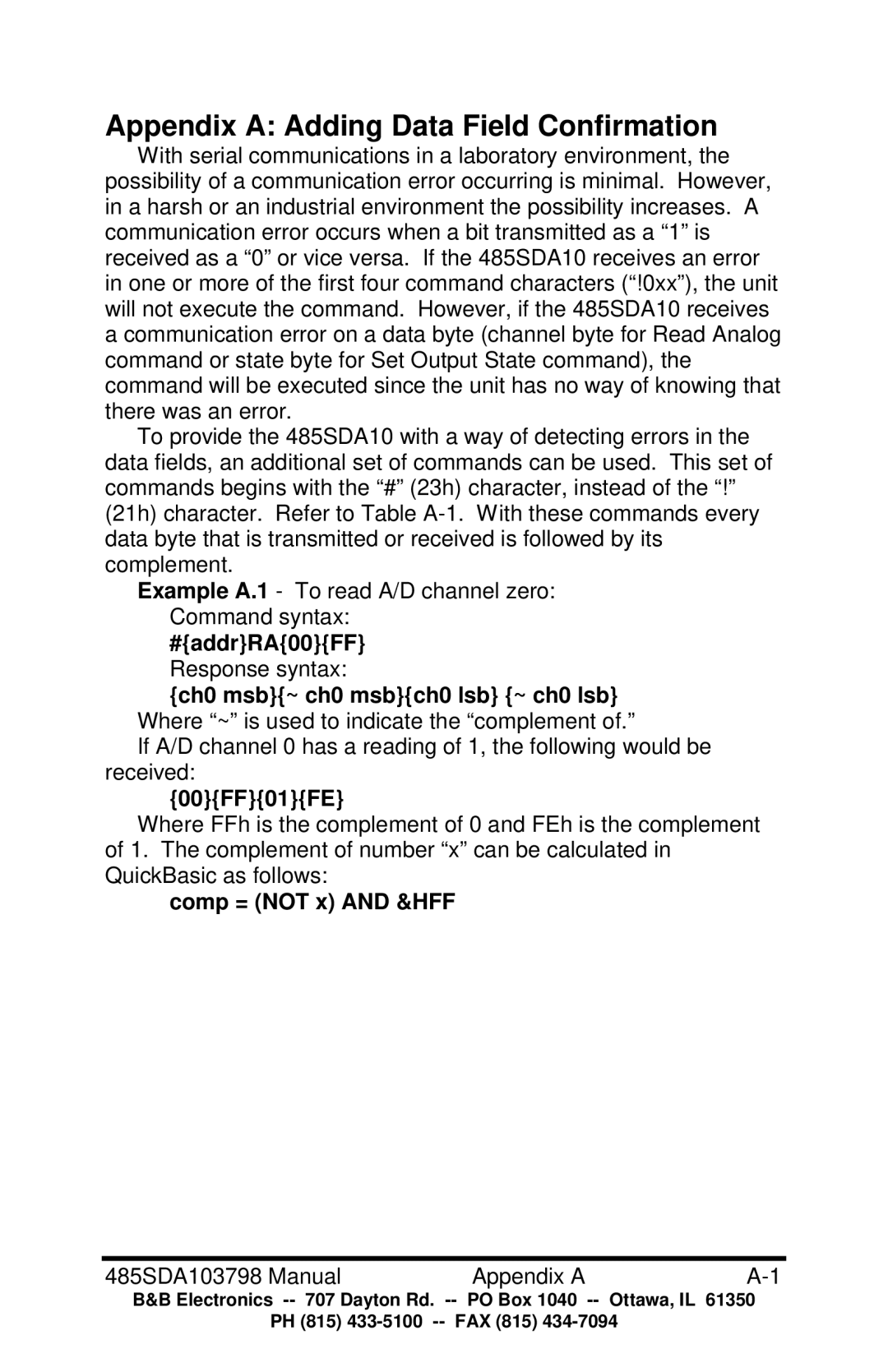 B&B Electronics RS-485 manual #addrRA00FF, 00FF01FE, Comp = not x and &HFF 