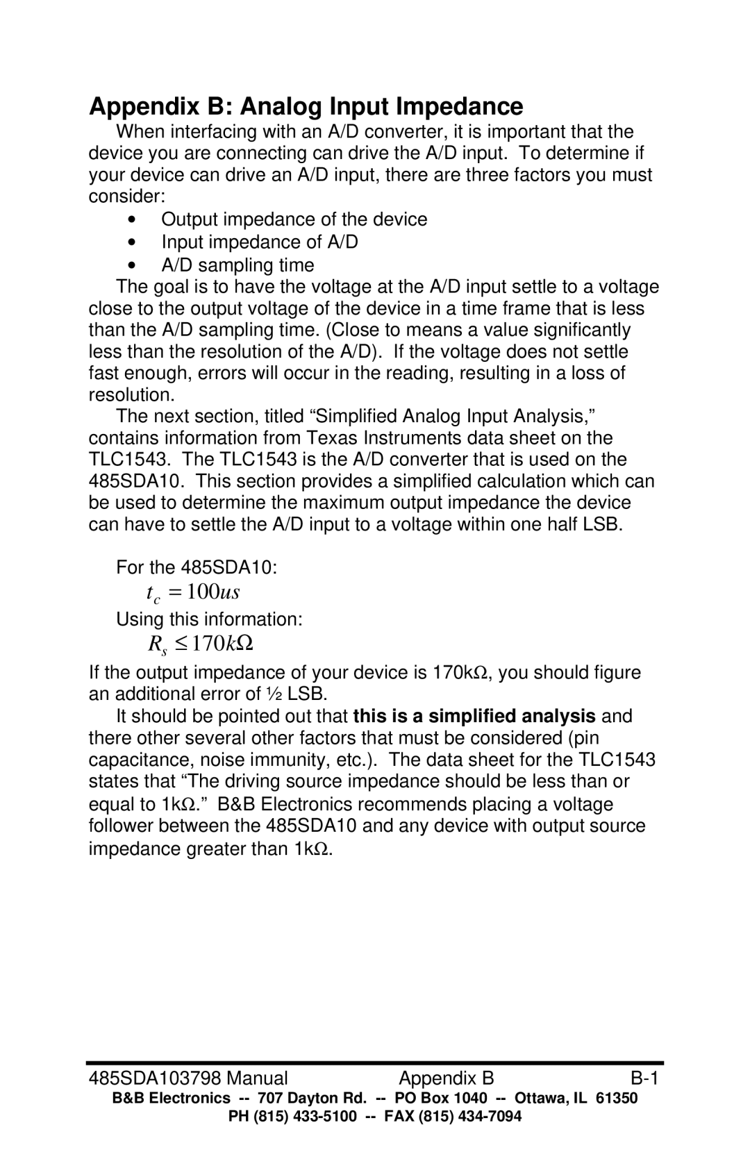 B&B Electronics RS-485 manual Appendix B Analog Input Impedance 