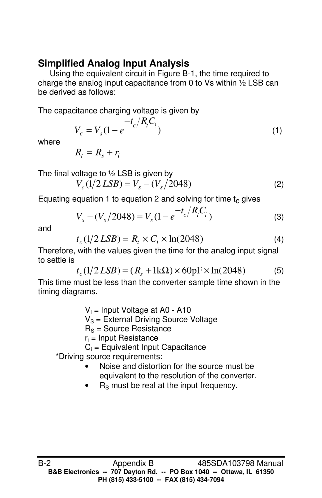 B&B Electronics RS-485 manual Simplified Analog Input Analysis, 1 2 LSB = R s + 1k Ω × 60pF × ln2048 