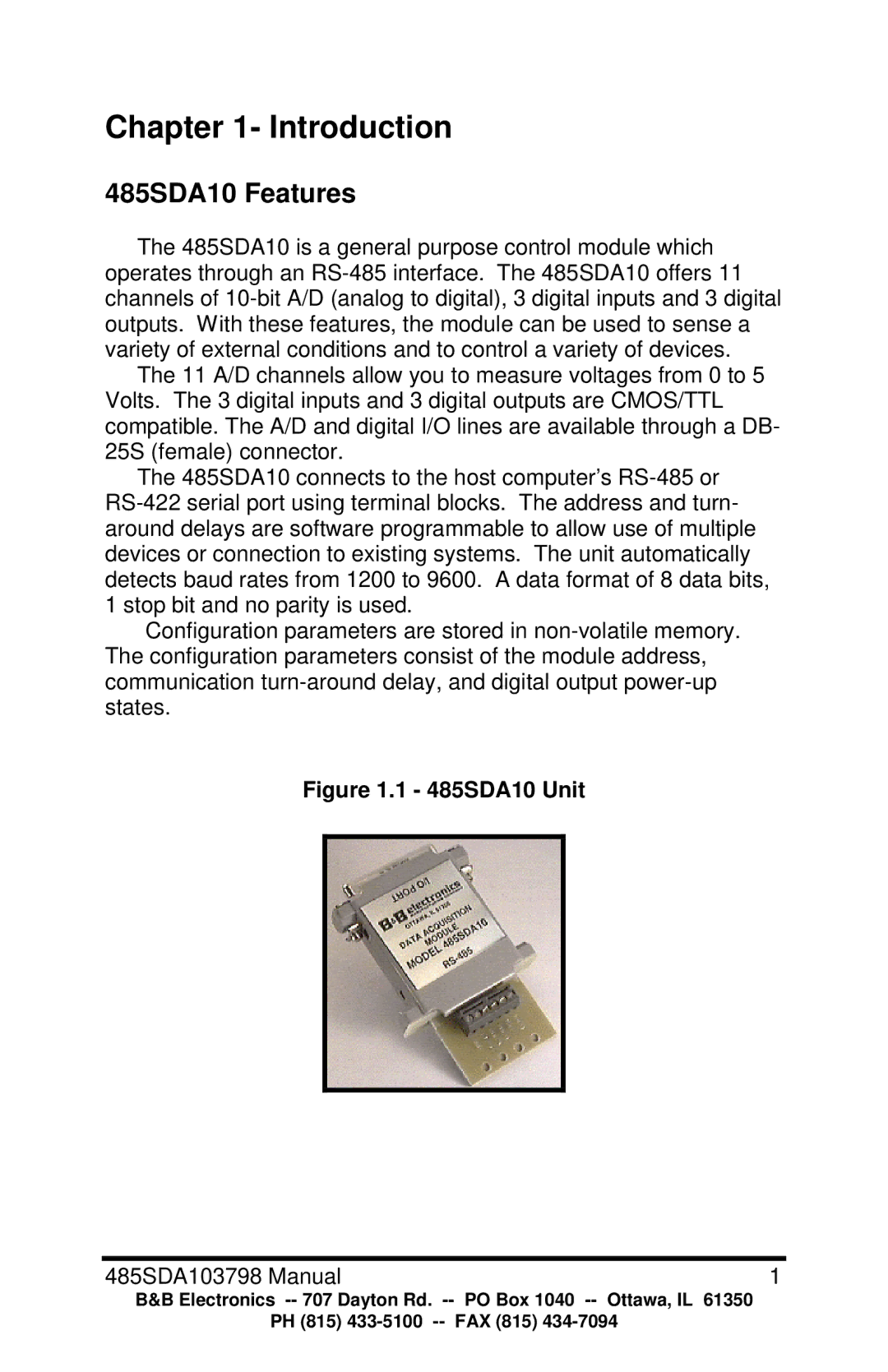 B&B Electronics RS-485 manual 485SDA10 Features, 485SDA10 Unit 