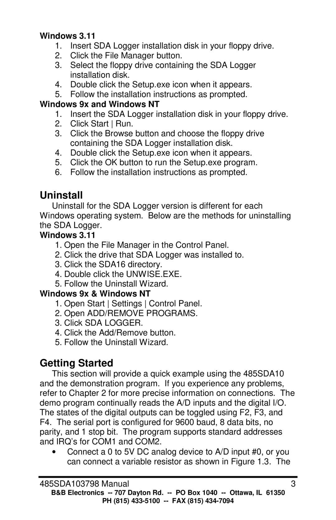 B&B Electronics RS-485 manual Uninstall, Getting Started, Windows 9x and Windows NT, Windows 9x & Windows NT 