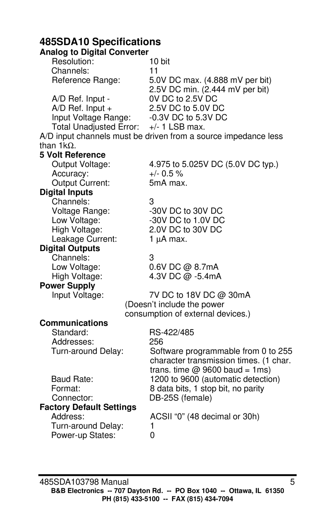 B&B Electronics RS-485 manual 485SDA10 Specifications 