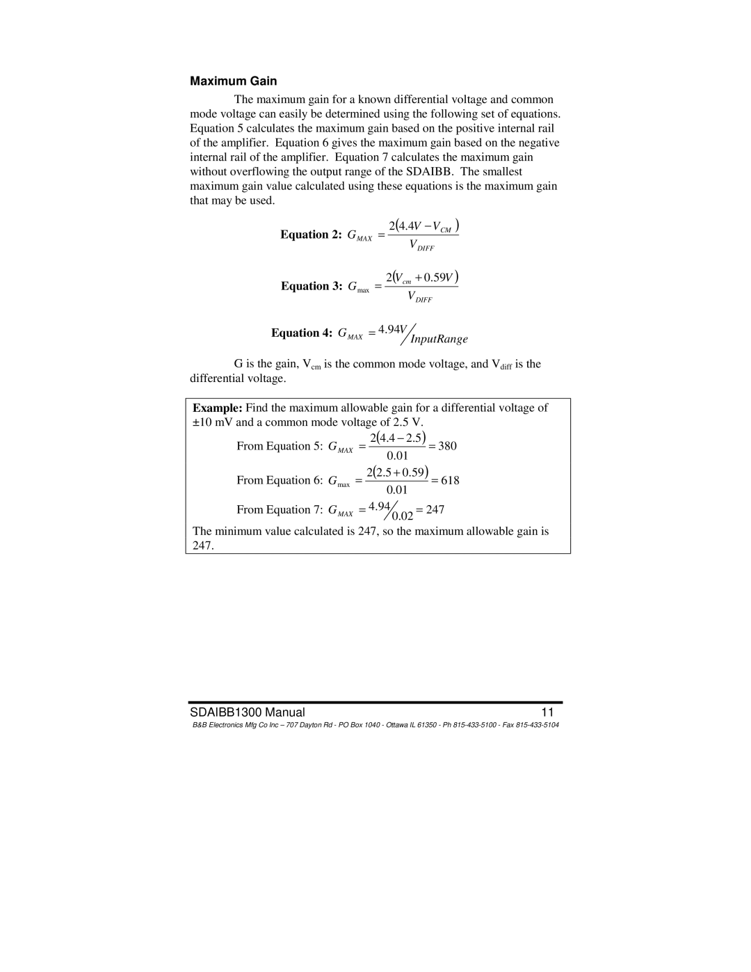 B&B Electronics SDAIBB manual Maximum Gain, Equation 2 Gmax = 24.4V − VCM, Equation 3 Gmax = 2Vcm + 