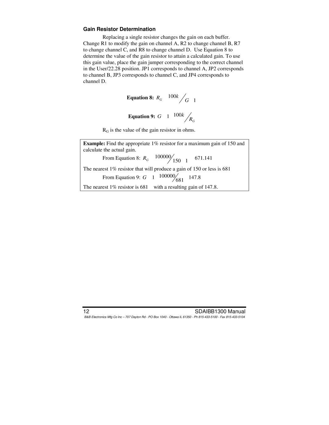 B&B Electronics SDAIBB manual Gain Resistor Determination, Equation 9 G = 