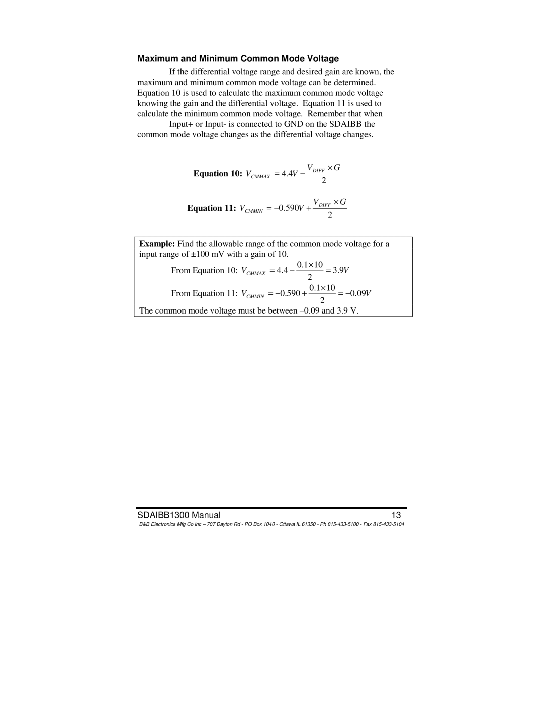 B&B Electronics SDAIBB manual Maximum and Minimum Common Mode Voltage 