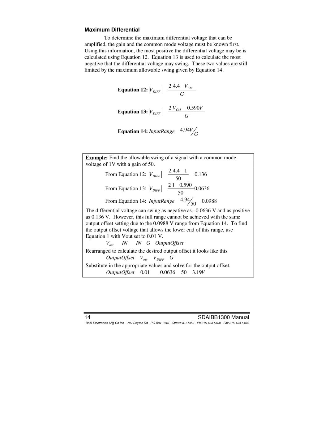 B&B Electronics SDAIBB manual Maximum Differential, Vout = in + − in − G + OutputOffset 